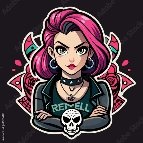 Tshirt sticker of a Rebel Chic Illustrate rebellious yet chic sticker featuring a girl with attitude wearing a tee adorned with edgy motifs like skulls, roses, or abstract designs, conveying a sense 