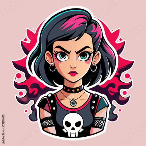 Tshirt sticker of a Rebel Chic Illustrate rebellious yet chic sticker featuring a girl with attitude wearing a tee adorned with edgy motifs like skulls, roses, or abstract designs, conveying a sense 