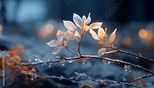 Frozen branch with water drops, close-up. Nature background
