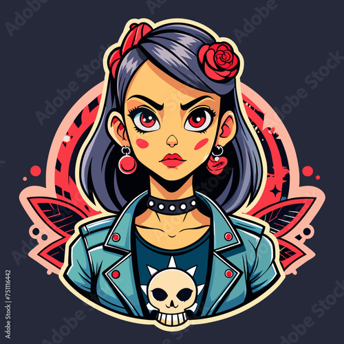 Tshirt sticker of a Rebel Chic Illustrate rebellious yet chic sticker featuring a girl with attitude wearing a tee adorned with edgy motifs like skulls, roses, or abstract designs, conveying a sense 