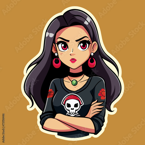 Tshirt sticker of a Rebel Chic Illustrate rebellious yet chic sticker featuring a girl with attitude wearing a tee adorned with edgy motifs like skulls, roses, or abstract designs, conveying a sense 