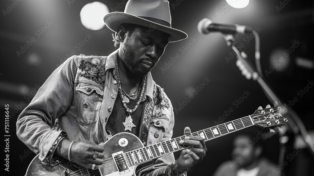 Obraz premium Guitarist in the Spotlight: Capturing the Essence of Live Performance