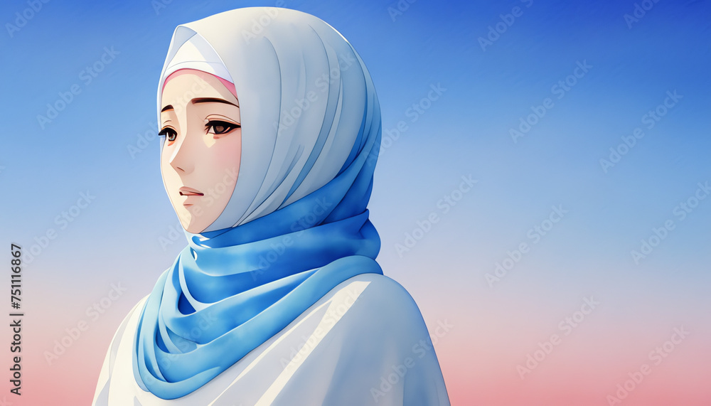 Anime style vector art of a cute young Muslim woman wearing a hijab Anime style vector art of a cute young Muslim woman wearing a hijab
