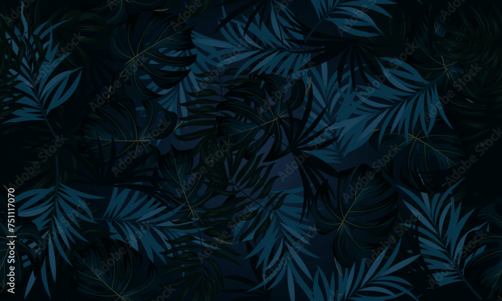 Tropical leaves seamless pattern. dark background. exotic tropical background. floral elegant. - obrazy, fototapety, plakaty 