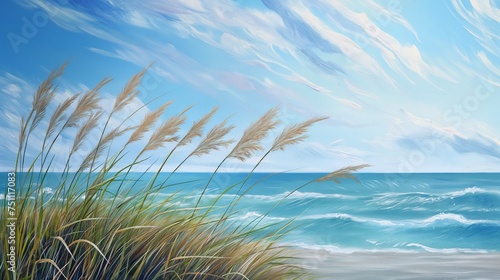 Coastal grasses swaying in the breeze, harmonizing with the azure sky and the gentle rhythm of lapping waves. © Exotic Graphics