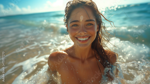 Beautiful woman in bikini playful and having fun on paradise tropical beach with splashing water