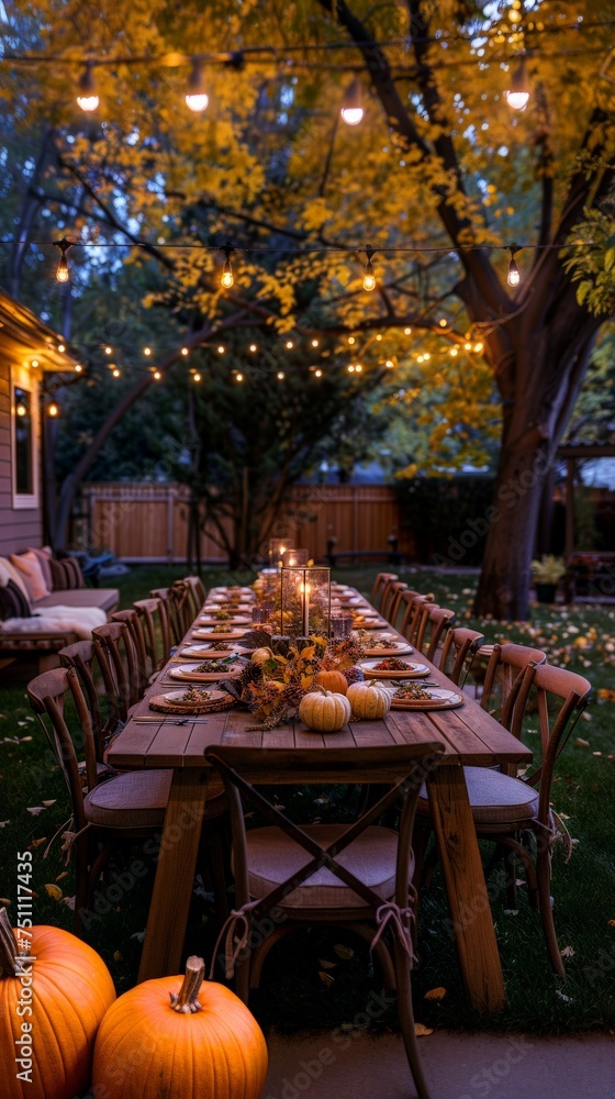 Outdoor Thanksgiving setting at dusk Featuring a long wooden table lined with white chairs set in a backyard with fall foliage.