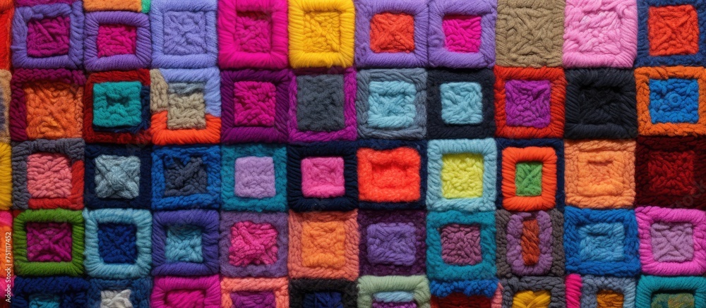 A handmade woolen blanket featuring a variety of colorful crocheted squares, creating a vibrant and visually striking pattern. Each square is intricately stitched together to form a cozy and unique A handmade woolen blanket featuring a variety of colorful crocheted squares, creating a vibrant and visually striking pattern. Each square is intricately stitched together to form a cozy and unique