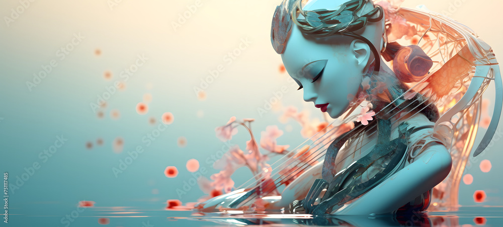 water a beautiful robot in an ancient geisha outfit plays a harp art 20:9, ai generative water a beautiful robot in an ancient geisha outfit plays a harp art 20:9, ai generative