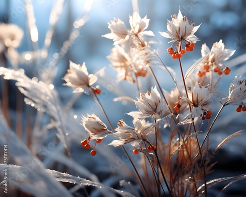 Close-up of wildflowers in hoarfrost. Winter background © Iman