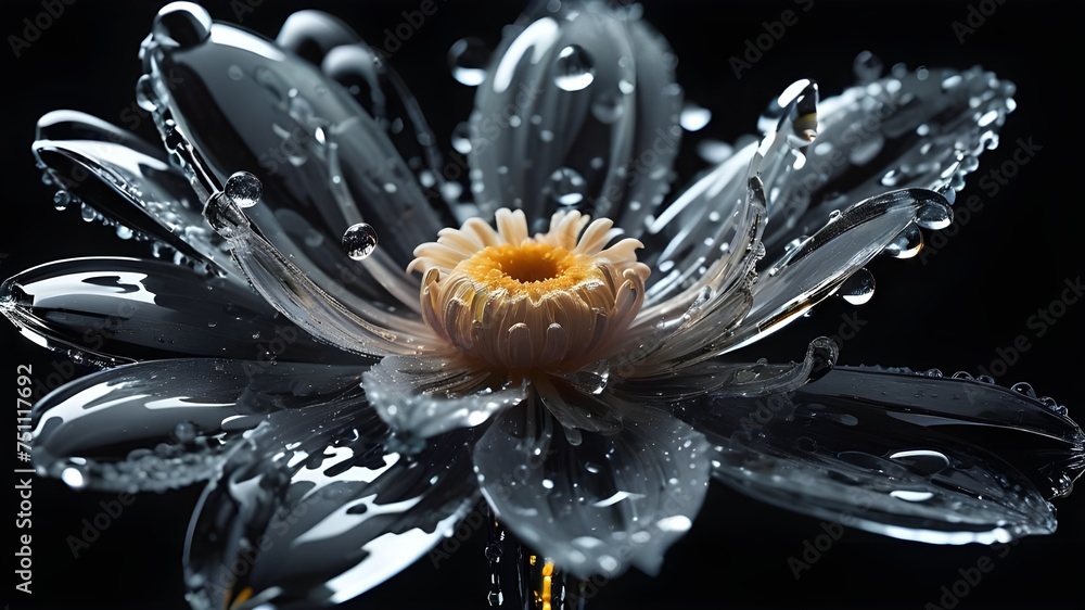 Glass flower, damp black background, water splashes, nano, luminescent, macro, closeup Glass flower, damp black background, water splashes, nano, luminescent, macro, closeup