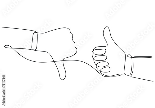 continuous line drawing of a hands showing thumb up and down. Symbol of great sign and bad sign. Like and dislike concept vector illustration. Vote gesture with fingers one line art.