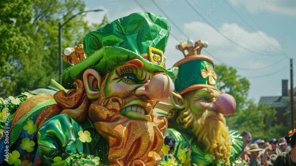 Brightly colored parade floats adorned with shamrocks and leprechauns make their way down the streets enchanting onlookers.