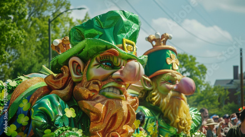 Brightly colored parade floats adorned with shamrocks and leprechauns make their way down the streets enchanting onlookers.