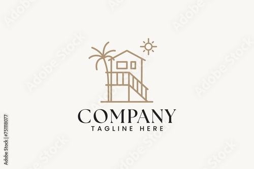 beachfront home with palm tree and sun logo design for real estate and lifestyle company business
