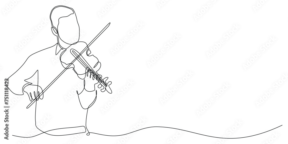 One line violinist vector illustration. Single line drawing of man standing playing violin music instrument.