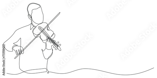 One line violinist vector illustration. Single line drawing of man standing playing violin music instrument.