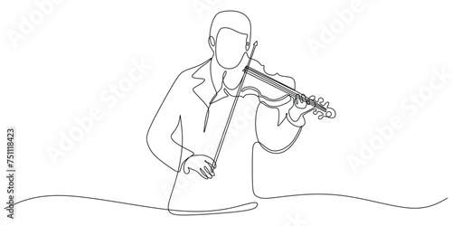 One line violinist vector illustration. Single line drawing of man standing playing violin music instrument.