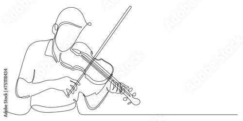 One line violinist vector illustration. Single line drawing of man standing playing violin music instrument.