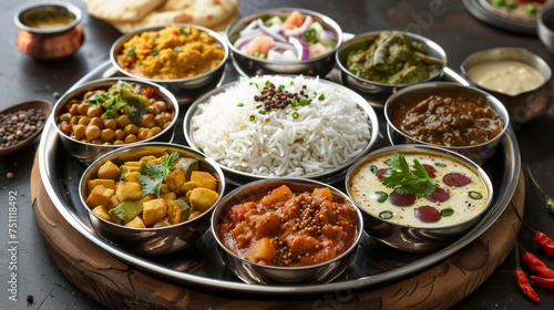 A vegetarian Indian thali with chickpeas  spinach  lentils  and rice  full of rich flavors ai generated