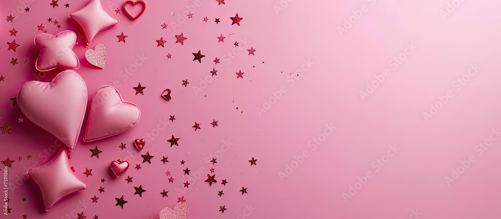 A pink background filled with an array of pink hearts and stars, creating a whimsical and playful atmosphere. The hearts and stars are scattered across the image, giving it a cheerful and joyful look.