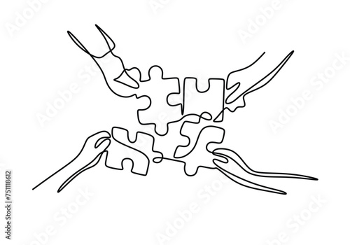 continuous line drawing of hands solving jigsaw puzzle Concept vector Partnership Coworking illustration