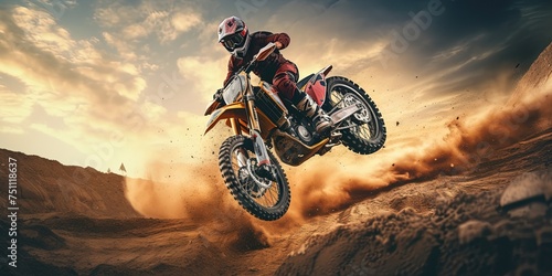 motorcycle stunt or car jump. A off road moto cross type motor bike, in mid air during a jump with a dirt trail. Wide format. photo