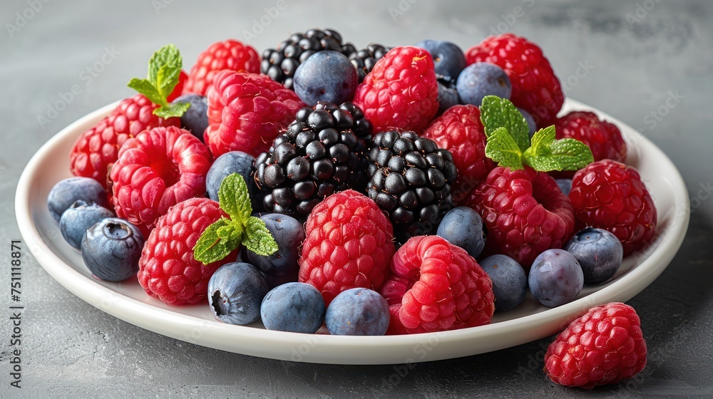 Assorted different berries with mint sprigs on a glass plate on marble table. Blueberry, blackberry, raspberry mix group.Generative AI Assorted different berries with mint sprigs on a glass plate on marble table. Blueberry, blackberry, raspberry mix group.Generative AI