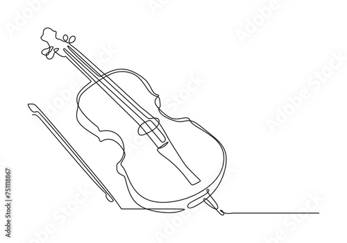 One line drawing of violin design. Classical jazz music instrument. Vector illustration simple continuous outline style.