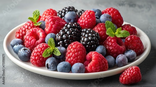 Assorted different berries with mint sprigs on a glass plate on marble table. Blueberry  blackberry  raspberry mix group.Generative AI