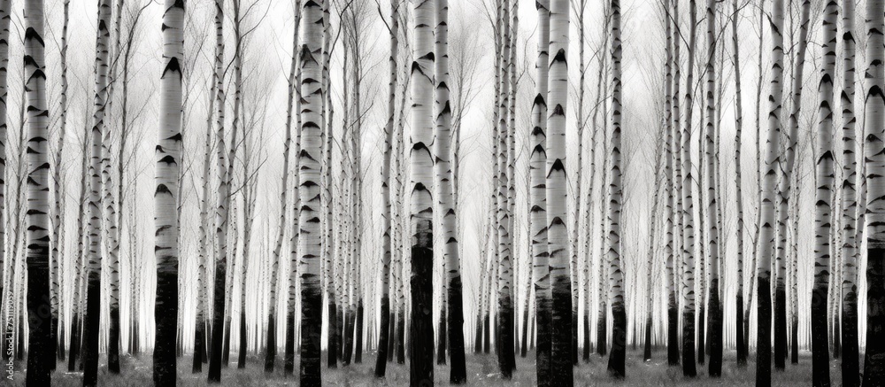 A black and white photograph showcasing a grove of majestic birch trees standing tall in a serene forest background. A black and white photograph showcasing a grove of majestic birch trees standing tall in a serene forest background.