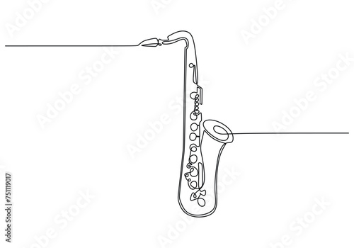 Saxophone one line drawing. Continuous hand drawn outline jazz classical music instrument. Blowing tools for player.