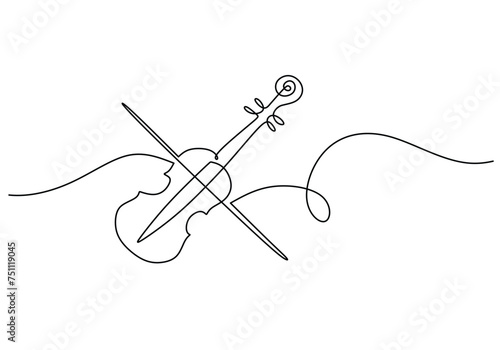 Violin one line art drawing. Music instrument object vector illustration. Hand drawn sketch continuous single outline. Classical string viola for melody playing.