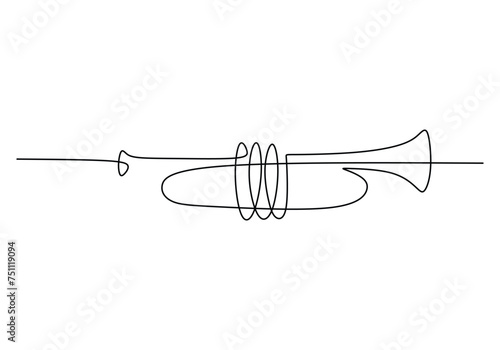 One line drawing of trumpet design. Classical jazz music instrument. Vector illustration simple continuous outline style.
