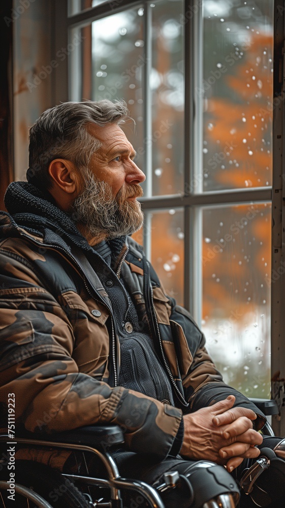 A large, overweight man with a prosthetic limb sat in a wheelchair and stared out the window. A large, overweight man with a prosthetic limb sat in a wheelchair and stared out the window.