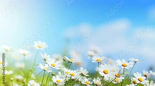 青い空と白いマーガレットの花、余白・コピースペースのある背景
