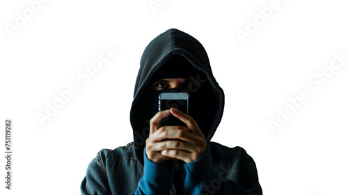 Portrait of a hacker threatening and holding a mobile phone on a transparent background