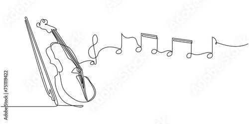 One line drawing of violin with music notes tone design. Classical jazz music instrument. Vector illustration simple continuous outline style.