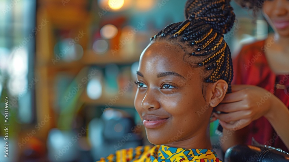 Close-up of a self-assured hairdresser braiding a young African woman's hair in a salon Close-up of a self-assured hairdresser braiding a young African woman's hair in a salon