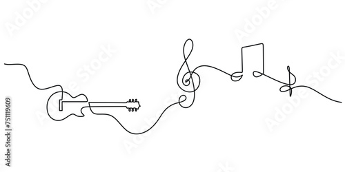 One line drawing of classic guitar with music notes tone design. Classical jazz music instrument. Vector illustration simple continuous outline style. photo