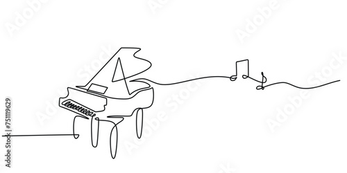 Classic piano with music notes tone one line art drawing. Music instrument object vector illustration. Hand drawn sketch continuous single outline. Classical string viola for melody playing.