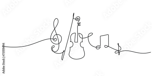 One line drawing of violin with music notes tone design. Classical jazz music instrument. Vector illustration simple continuous outline style.