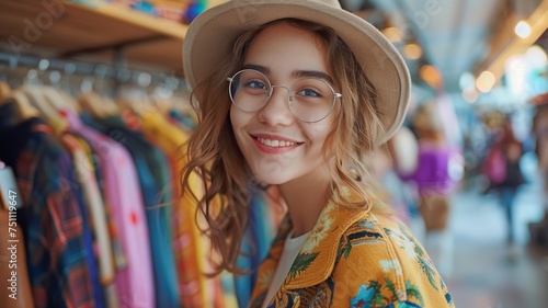 close-up of a content young lady selecting outfits in a clothing store,