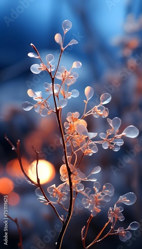 Frozen tree branch on a background of bokeh lights.