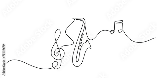 One line drawing of trumpet with music notes tone design. Classical jazz music instrument. Vector illustration simple continuous outline style.