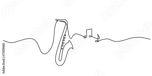 One line drawing of trumpet with music notes tone design. Classical jazz music instrument. Vector illustration simple continuous outline style.