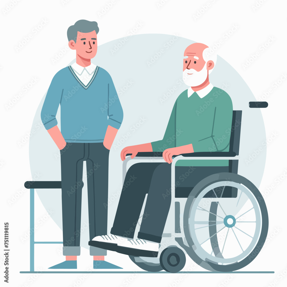 flat design illustration of a man helping an elderly person sit in a wheelchair flat design illustration of a man helping an elderly person sit in a wheelchair