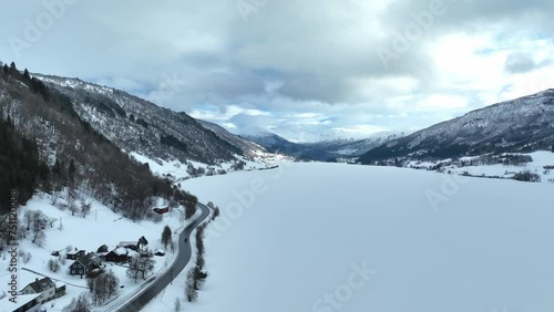 Oppheimsvatnet lake Voss Norway, rising Winter aerial photo