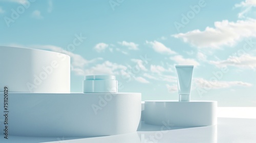 Cream cosmetics and blank white skincare tube in front of sky-blue background  minimalist purity  white and gray for advertising. 