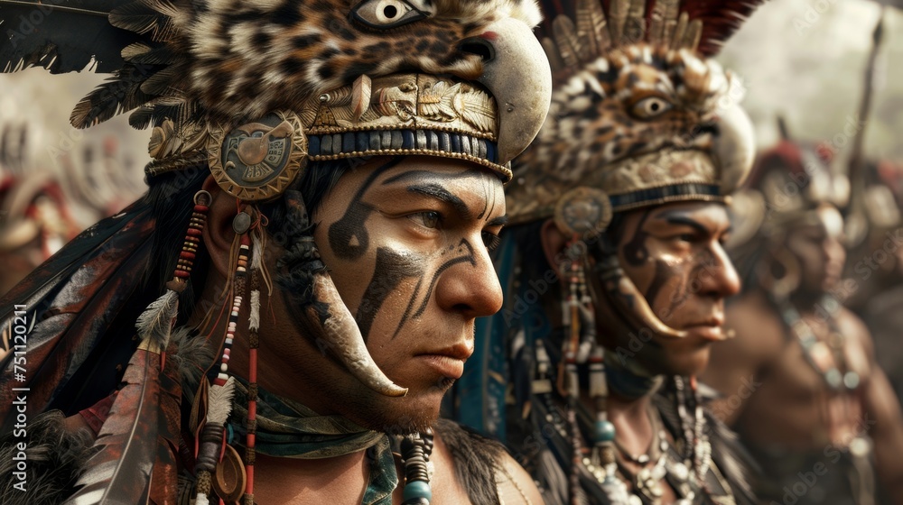 Two Aztec warriors one adorned with an eagle headdress and the other with a jaguar stand side by side in a show of strength and unity.